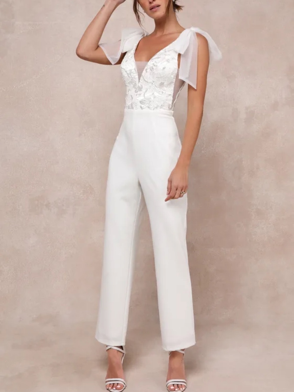 Lulu's White Lace Bodice Tie-Shoulder Jumpsuit